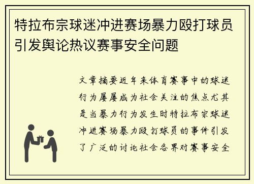 特拉布宗球迷冲进赛场暴力殴打球员引发舆论热议赛事安全问题