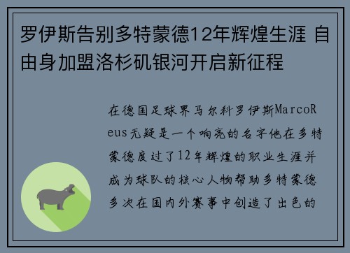 罗伊斯告别多特蒙德12年辉煌生涯 自由身加盟洛杉矶银河开启新征程